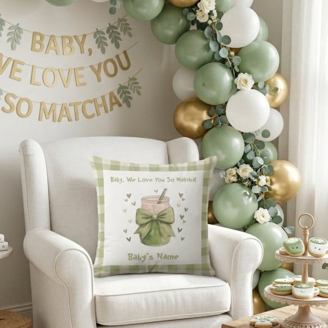 We Love You So Matcha Cozy Gingham Bow Throw Pillow (Creator Uploaded)