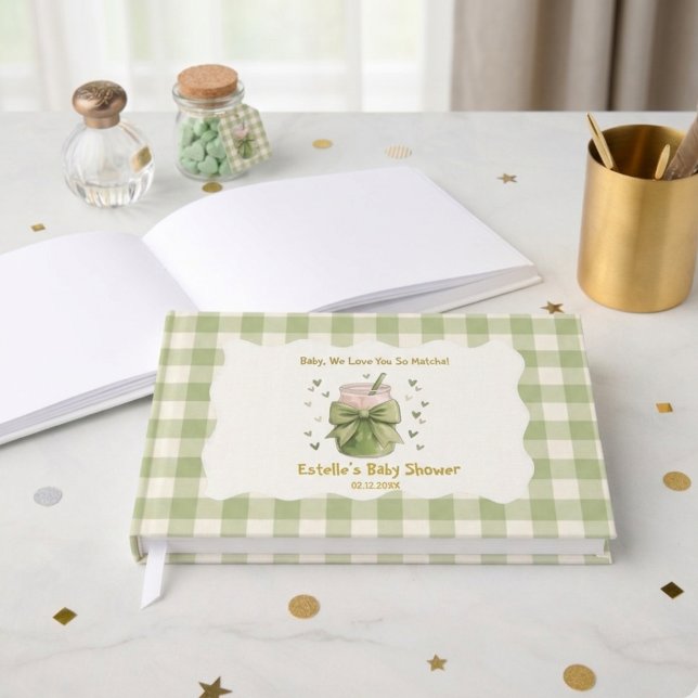 We Love You So Matcha Gingham Hearts Bow Foil Guest Book (Creator Uploaded)