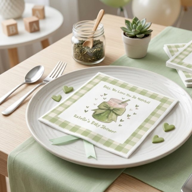 We Love You So Matcha Green Bow Gingham Napkins (Creator Uploaded)