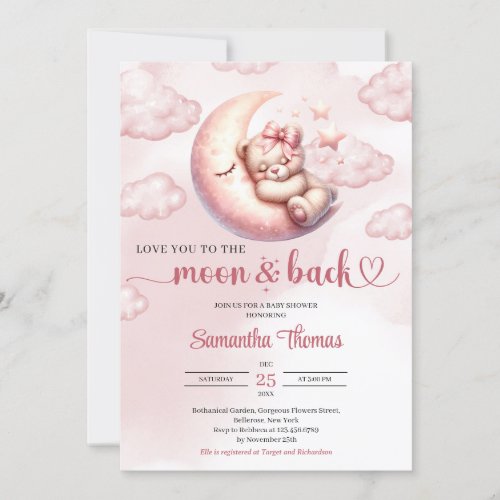We love you to the moon and back Baby Shower      Invitation