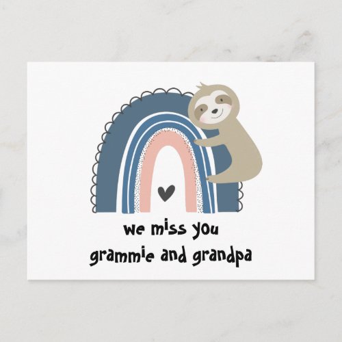 We Miss You Rainbow Sloth Grandparents Postcard
