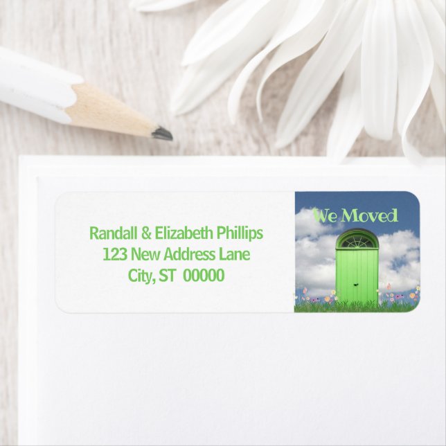 We Moved Announcement Flowers Green Double Doors Label (Insitu)