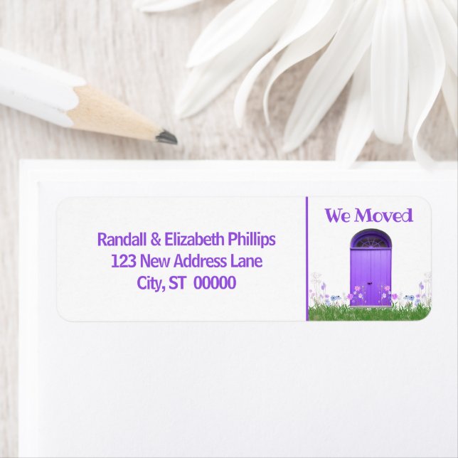We Moved Announcement Purple Flowers Double Doors Label (Insitu)