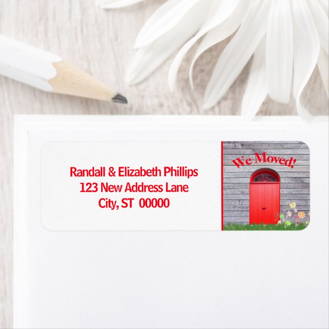 We Moved Announcement Red Flowers Double Doors Label (Insitu)
