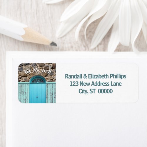 We Moved Announcement Rustic Blue Double Doors Label