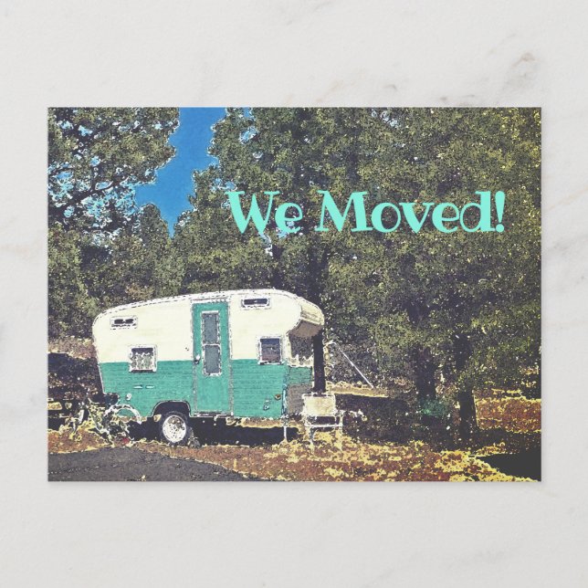 We Moved Announcement Vintage Camping Trailer Postcard (Front)