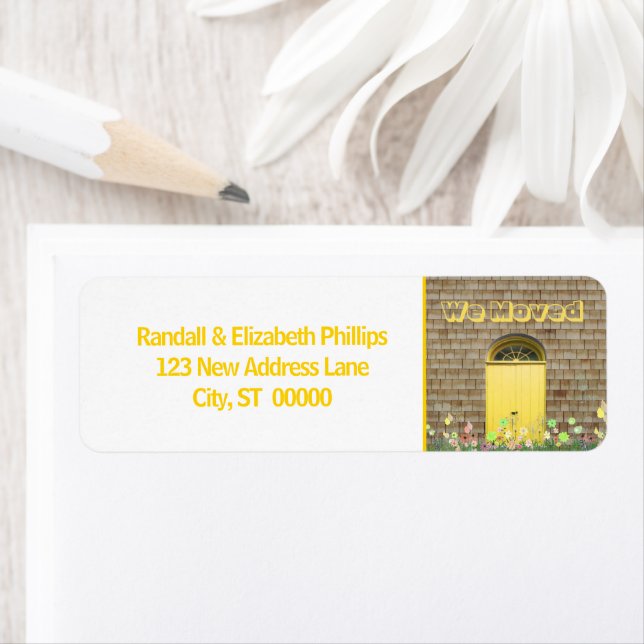 We Moved Announcement Yellow Flowers Double Doors Label (Insitu)