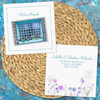 We Moved Blue Window Blooming Flower Box Custom Square Business Card by PaPr_Emporium at Zazzle