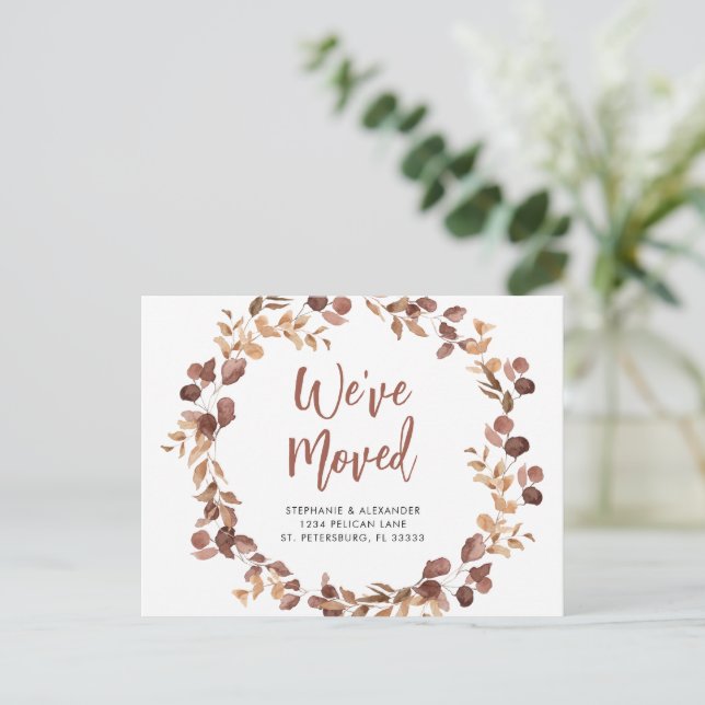 We Moved Dusty Rose Eucalyptus Wreath New Home Announcement Postcard (Standing Front)