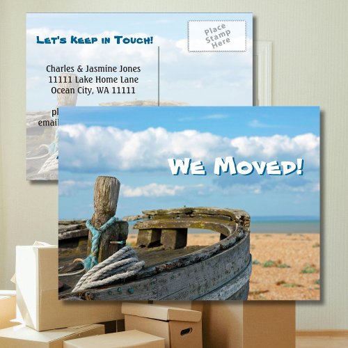 We Moved _ Fishing Boat Blue Sky Beach Clouds Announcement Postcard