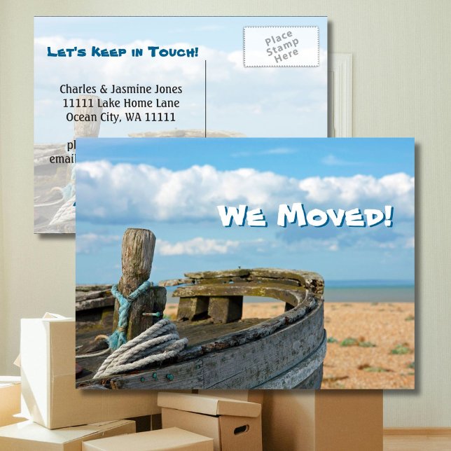 We Moved - Fishing Boat, Blue Sky, Beach, Clouds Announcement Postcard (Creator Uploaded)