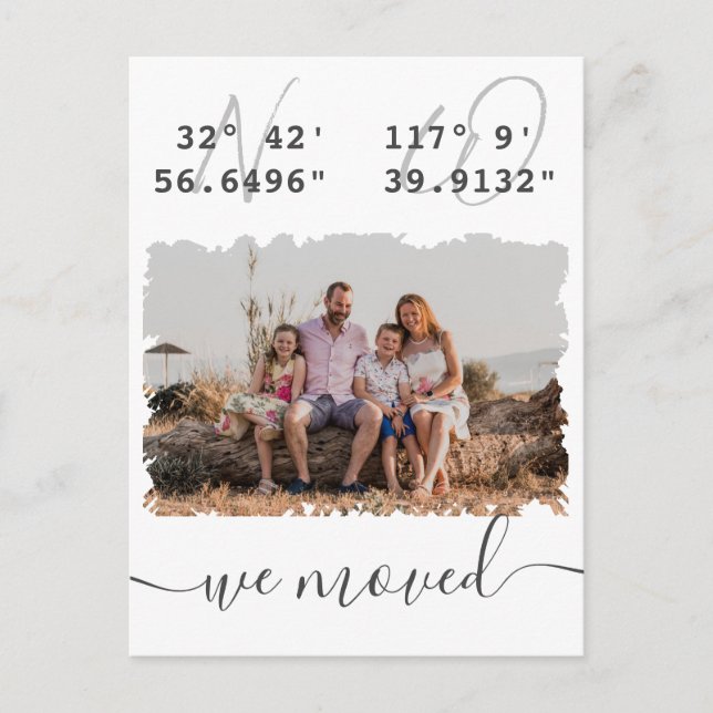 "We moved" Latitude Longitude Family Photo Moving Postcard (Front)