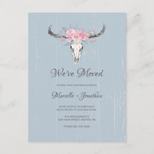 We Moved New Address Rustic Cow Skull Floral Announcement Postcard