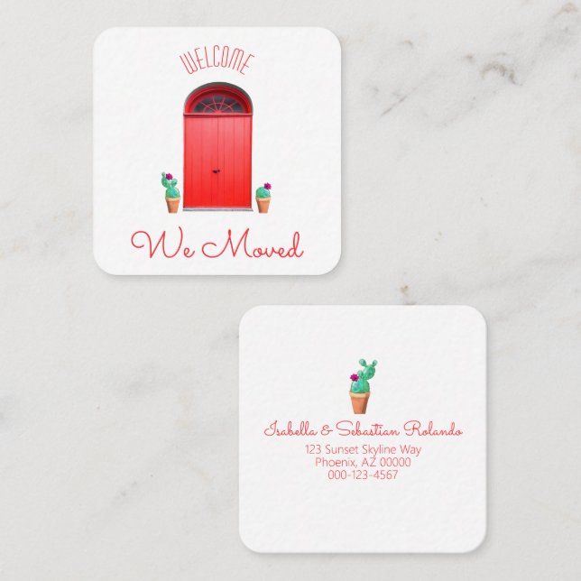 We Moved Red Doors Southwest Potted Cactus Square Business Card (Front/Back)