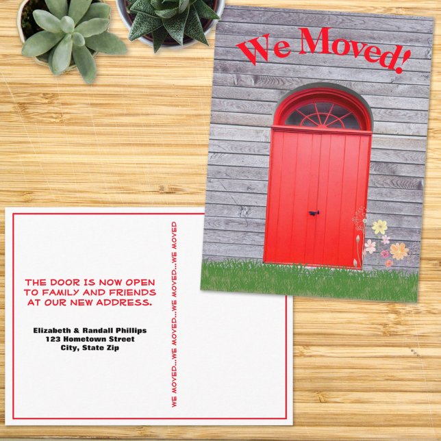 We Moved Rustic Red Double Doors Flowers Postcard (Creator Uploaded)