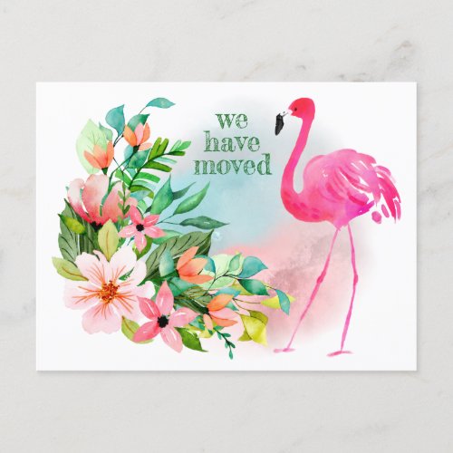 We Moved to Florida Pink Flamingo Floral New Home Announcement Postcard