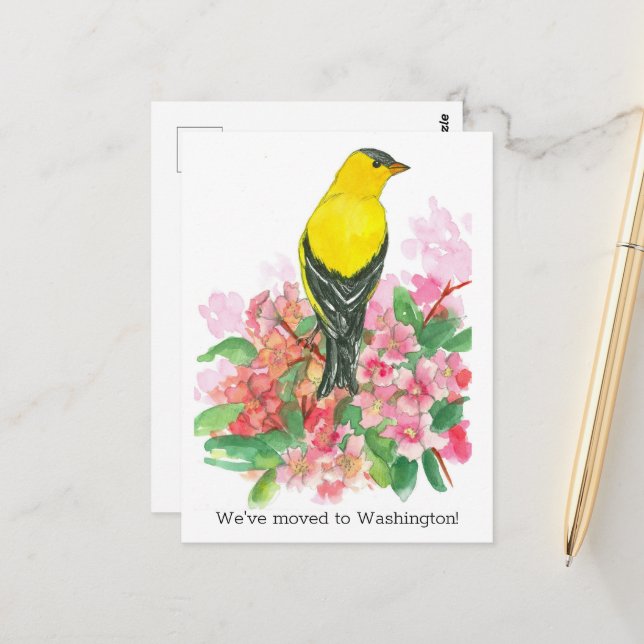 We Moved To Washington Goldfinch Flowers Postcard (Front/Back In Situ)