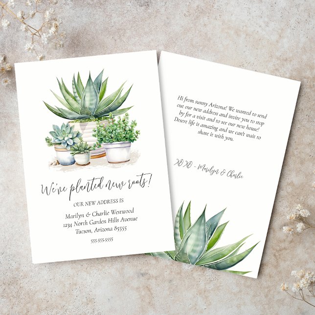 We Planted New Roots Weve Moved New Address Cards (simple elegant minimalist we planted new roots change of address note cards with potted succulents)