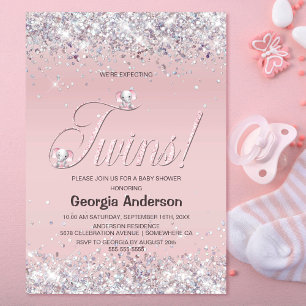 We’re Expecting Twins Pink Elephant Glitter Invitation