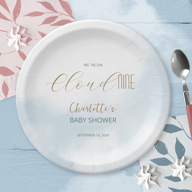 We´re on Cloud 9 Elegant Script Blue Baby Shower Paper Plates (We´re on Cloud 9 Elegant Script Blue Baby Shower Paper Plates ©Susanne Sachers - Sunny Mind 🌞)