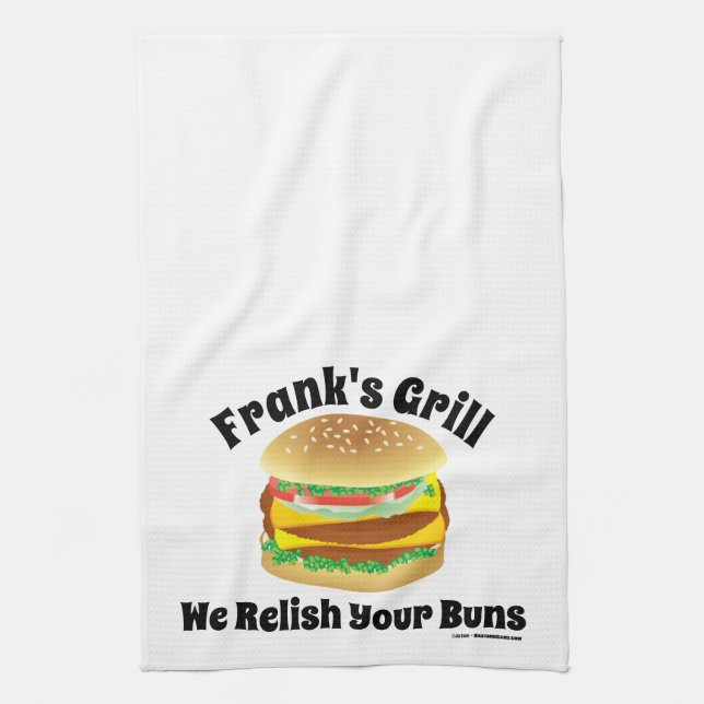 We Relish Your Buns Custom Cheeseburger Kitchen Towel (Vertical)