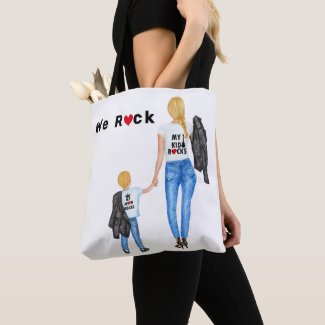 We Rock, Woman and Little Boy, Jeans and Tee Shirt Tote Bag