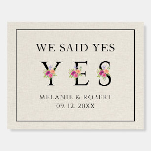We Said Yes Black Floral Letter On Beige Linen Foam Board