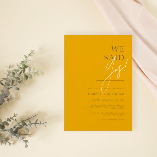 We Said Yes Mustard  Dark Grey Minimalist Wedding Invitation