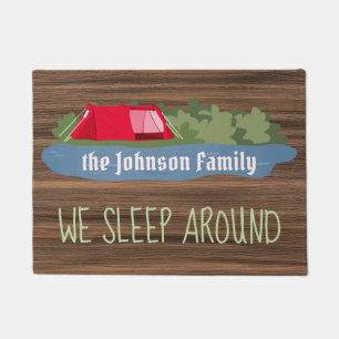 We sleep around rustic wood custom tree campers doormat