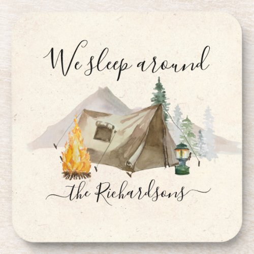 We Sleep Around Watercolor Personalize Camp Tent Beverage Coaster