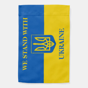 WE STAND WITH UKRAINE. Ukrainian flag.Coat of Arms Garden Flag