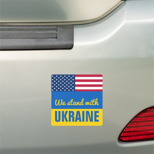 We Stand With Ukraine USA American Flag Car Magnet (In Situ)