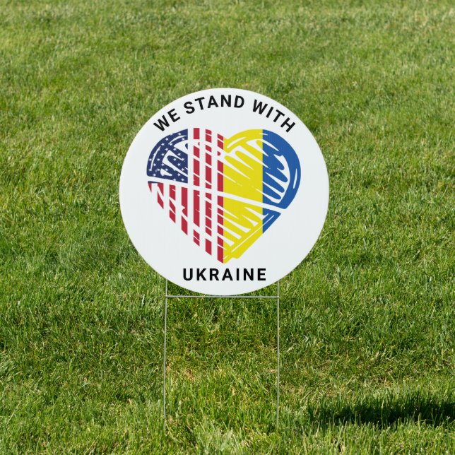 We Stand With Ukraine USA American Flag Heart Yard Sign (Insitu)