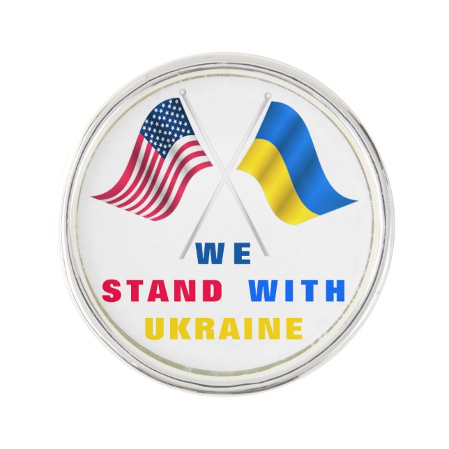 We Stand With Ukraine - USA Flag - Ukrainian Flag Lapel Pin (Front)
