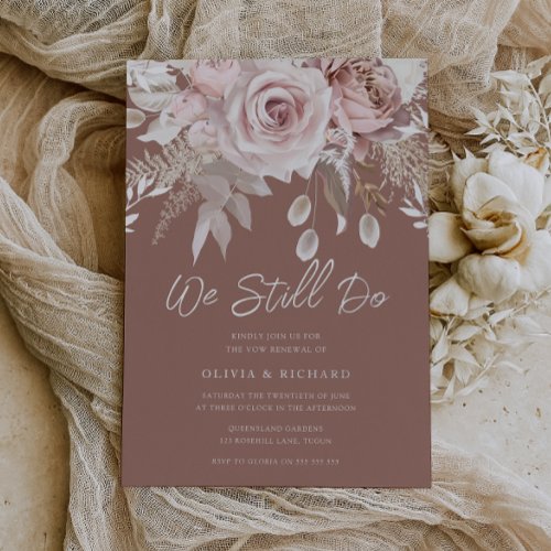We Still Do Blush Floral Vow Renewal Silver Foil Invitation