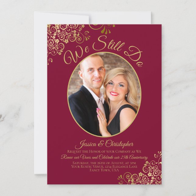We Still Do Burgundy & Gold Wedding Vow Renewal Invitation (Front)