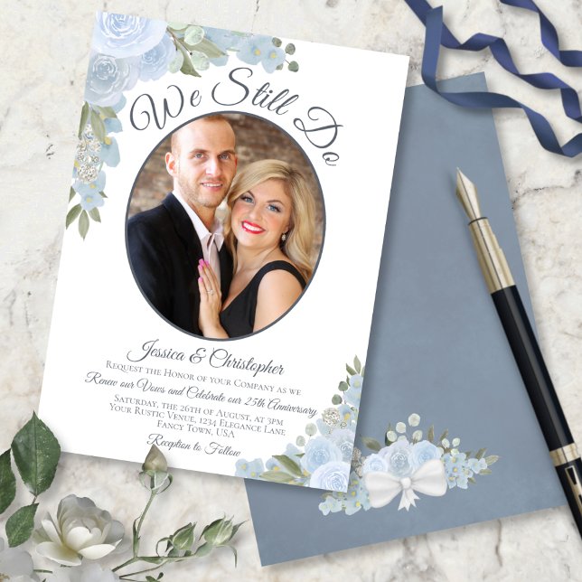 We Still Do Dusty Blue Floral & Photo Vow Renewal Invitation (Creator Uploaded)