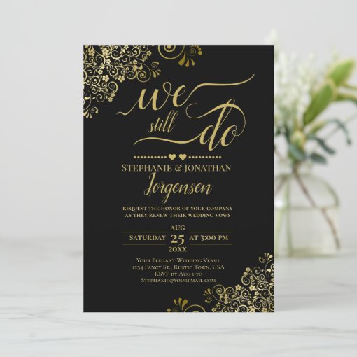 We Still Do Elegant Black And Gold Vow Renewal Invitation Zazzle