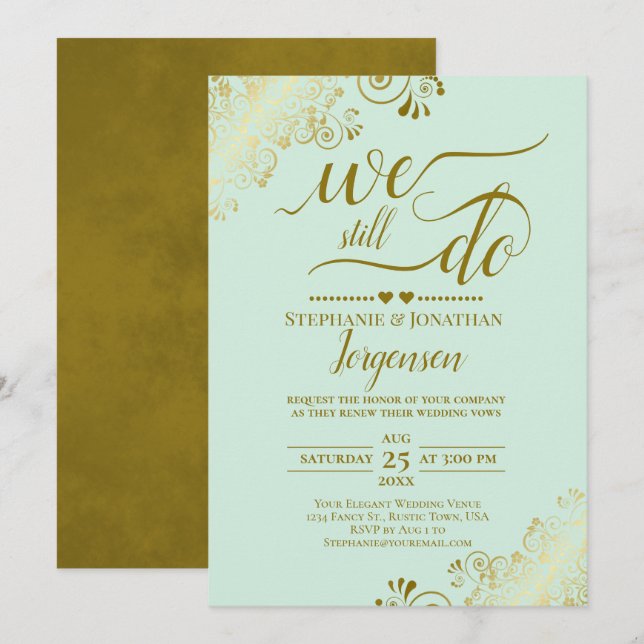 We Still Do Elegant Mint Green & Gold Vow Renewal Invitation (Front/Back)