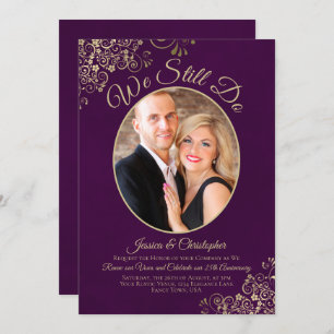 We Still Do Gold Curls on Plum Wedding Vow Renewal Invitation