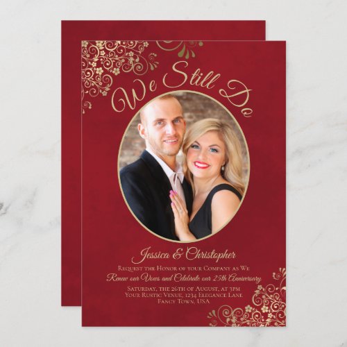 We Still Do Gold Lace on Red Wedding Vow Renewal Invitation