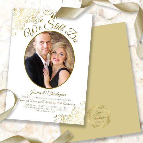 We Still Do Gold  White Wedding Vow Renewal Invitation