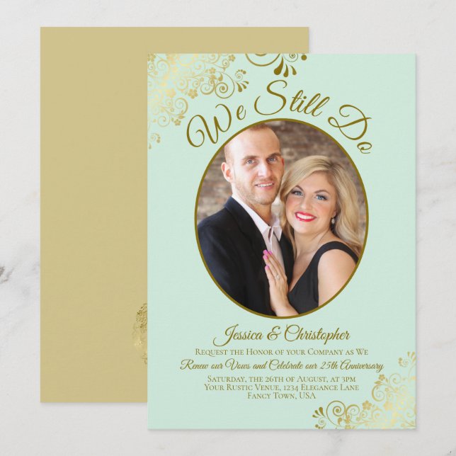 We Still Do Mint Green & Gold Wedding Vow Renewal Invitation (Front/Back)