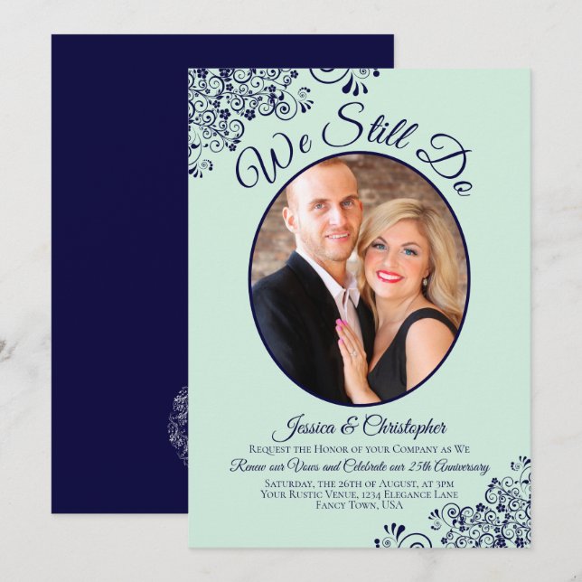 We Still Do Navy Blue & Mint Wedding Vow Renewal Invitation (Front/Back)