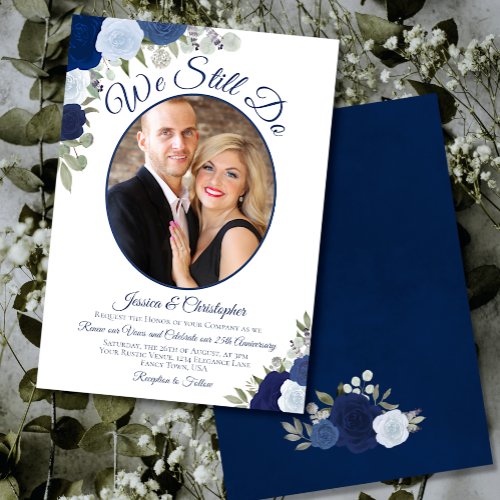 We Still Do Navy Blue Roses  Photo Vow Renewal Invitation