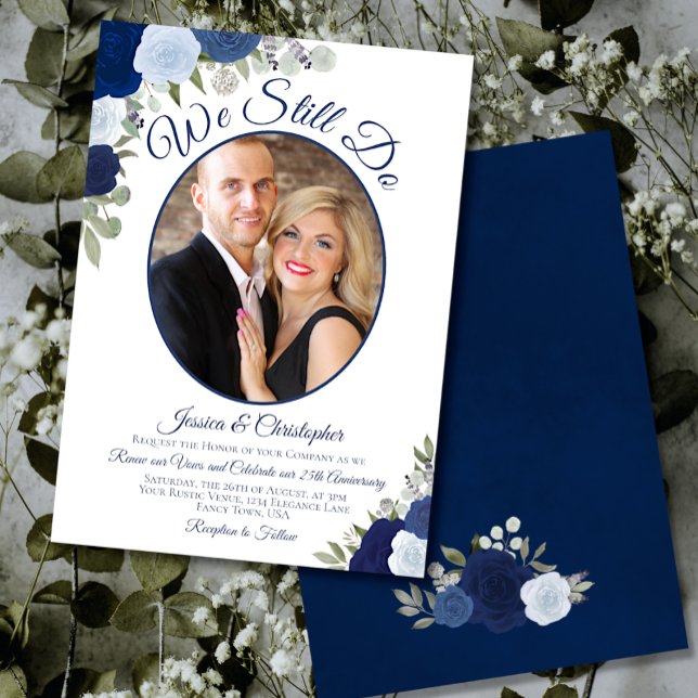 We Still Do Navy Blue Roses & Photo Vow Renewal Invitation (Creator Uploaded)