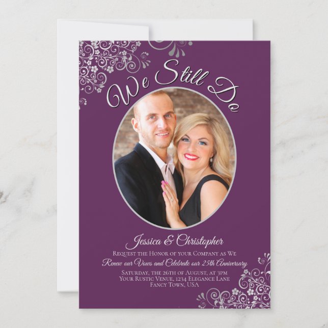 We Still Do Plum Purple Silver Wedding Vow Renewal Invitation (Front)