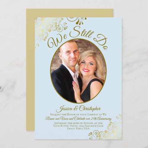 We Still Do Powder Blue  Gold Wedding Vow Renewal Invitation