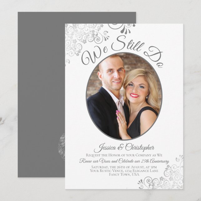 We Still Do Silver Curls White Wedding Vow Renewal Invitation (Front/Back)