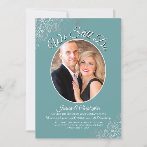 We Still Do Silver Lace Teal Wedding Vow Renewal Invitation